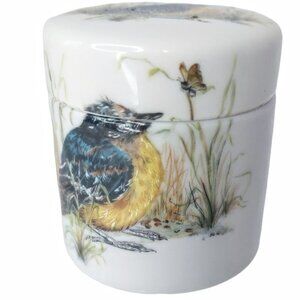 Vintage Enesco MARY MUGG 1978 Round Trinket Vanity Stash Box Oriole Bird